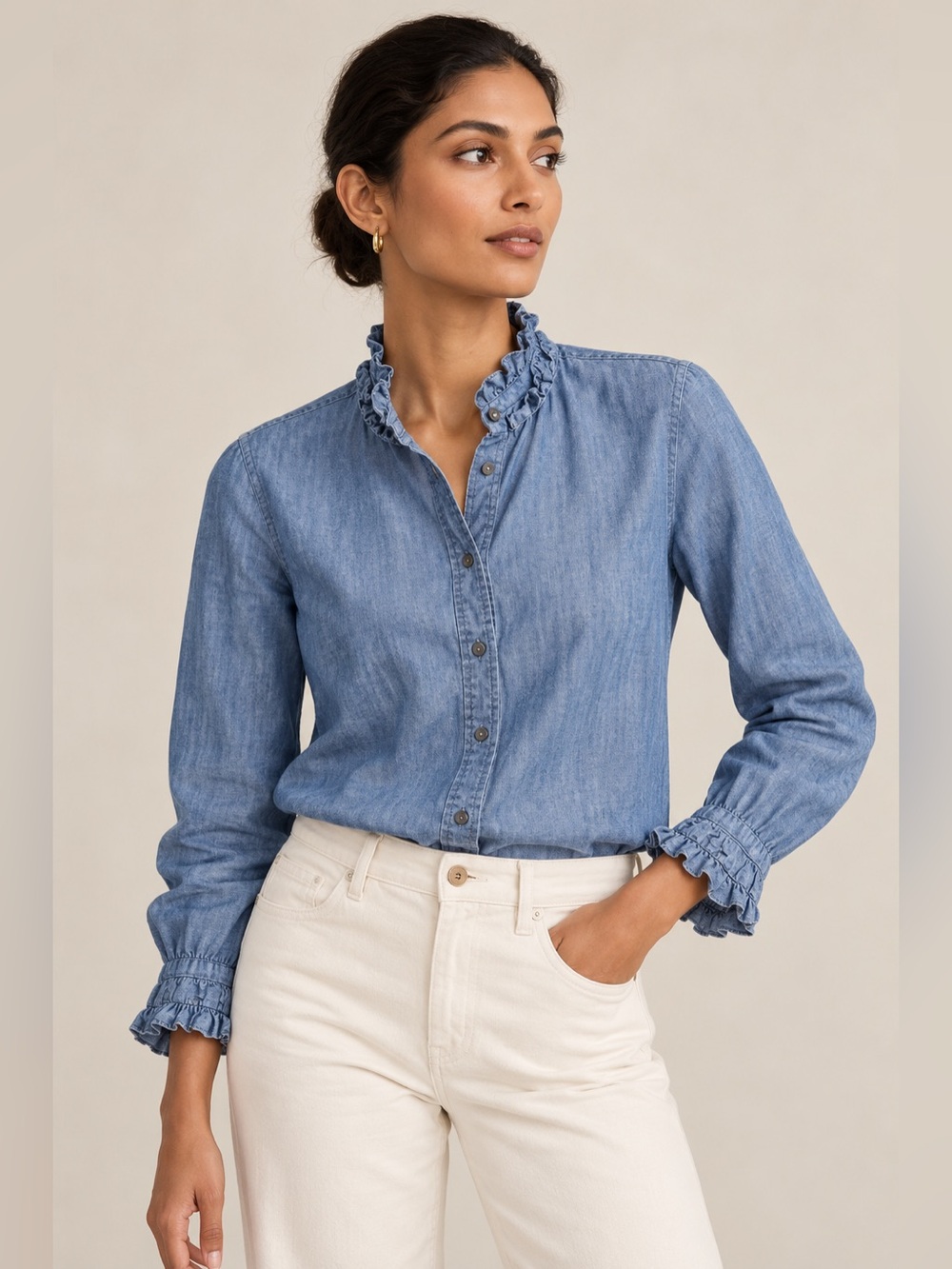 J.Crew Button-Up Shirt Womens Size 2 Blue Chambray Ruffle High Neck